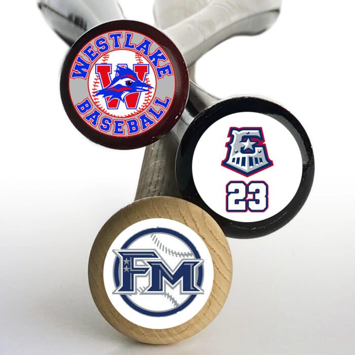 Personalized baseball bat knob decals with team logos, player numbers, and custom graphics by MKY Apparels