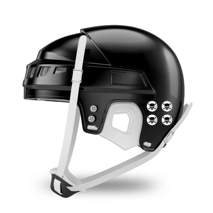 Black hockey helmet with custom award marker decals for hockey player achievements and recognition