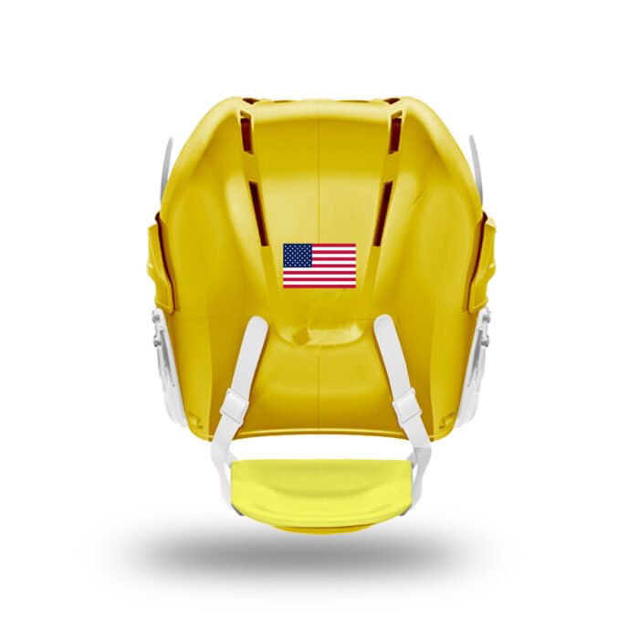 Yellow hockey helmet with American flag decal for player personalization and team identity