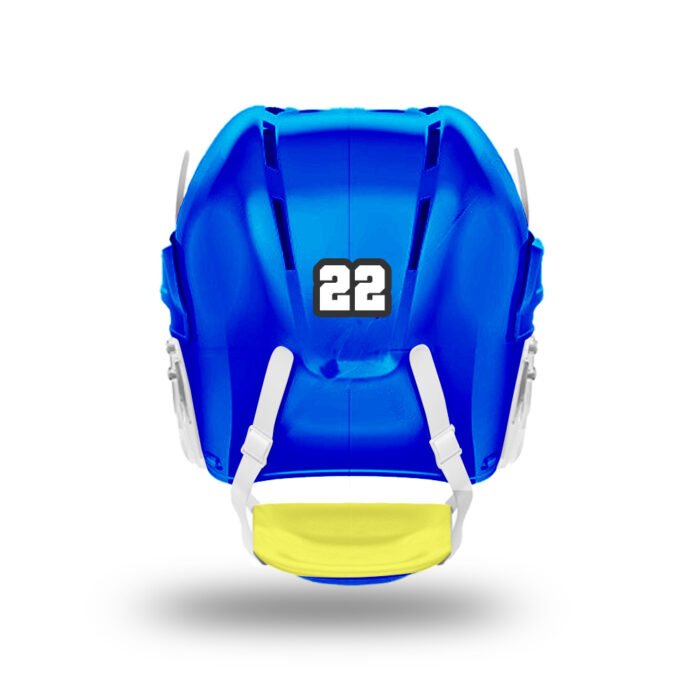 Blue hockey helmet with custom number 22 decals for player identification and customization