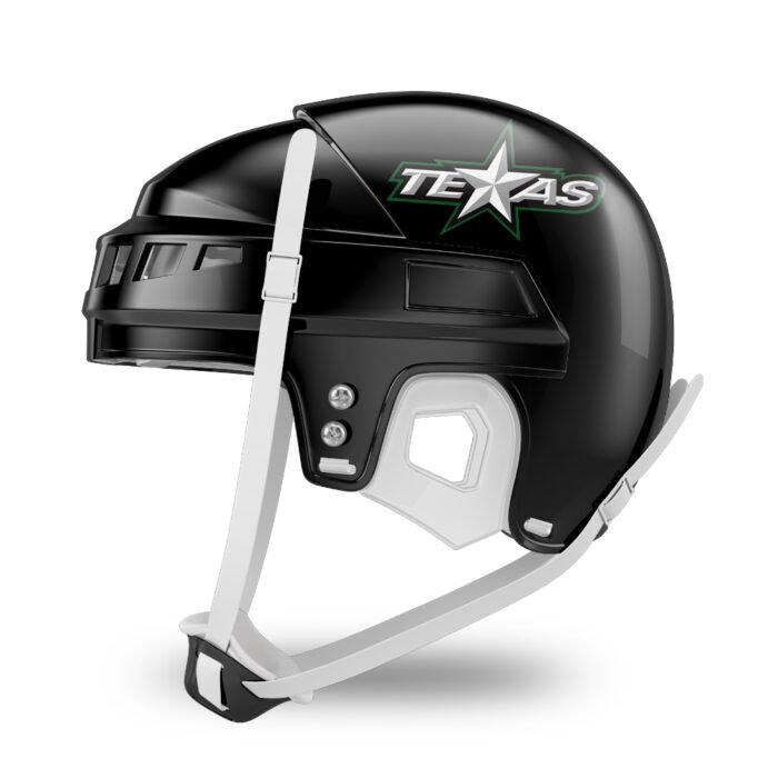 Black hockey helmet with custom side logo decals for team branding and player customization
