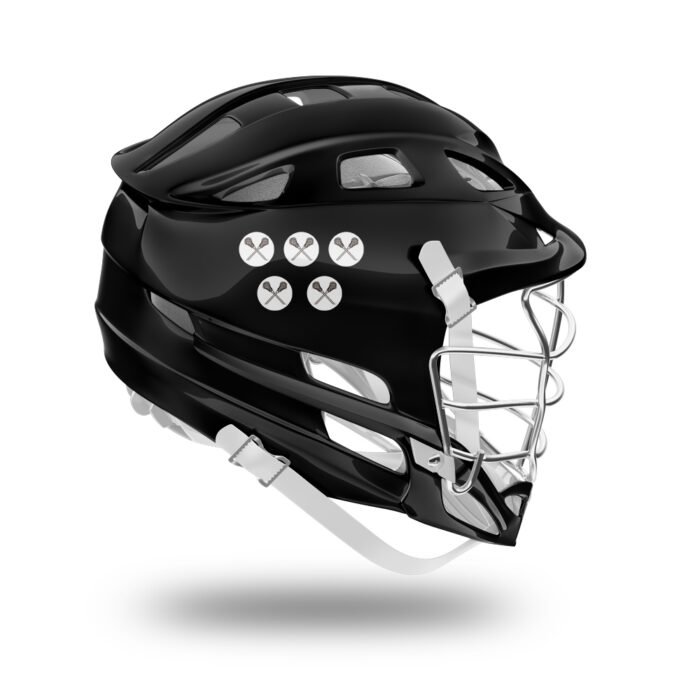 Black lacrosse helmet with custom award marker decals for player achievements and team recognition by MKY Apparels