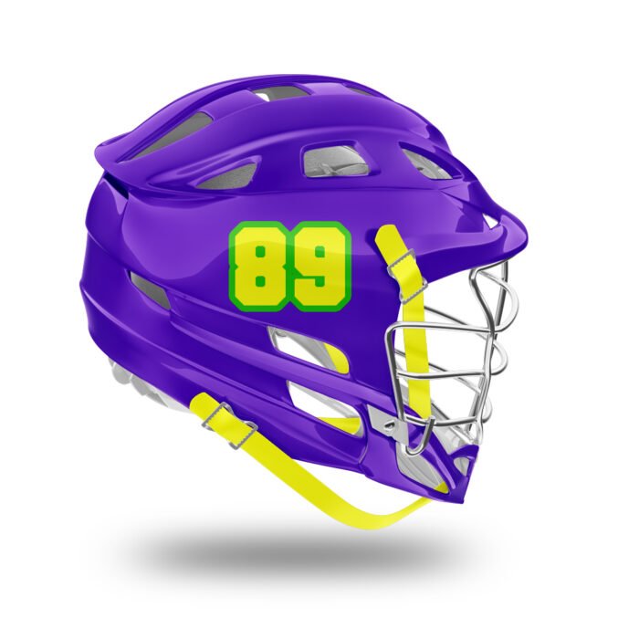 Purple lacrosse helmet with custom number 89 decals for player identification and team customization by MKY Apparels
