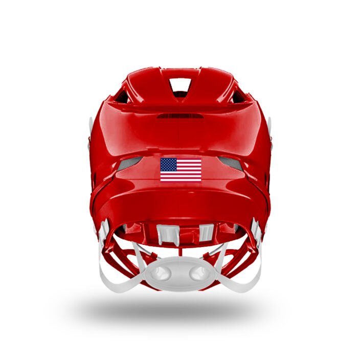 Red lacrosse helmet featuring custom USA flag back decals for patriotic team customization by MKY Apparels