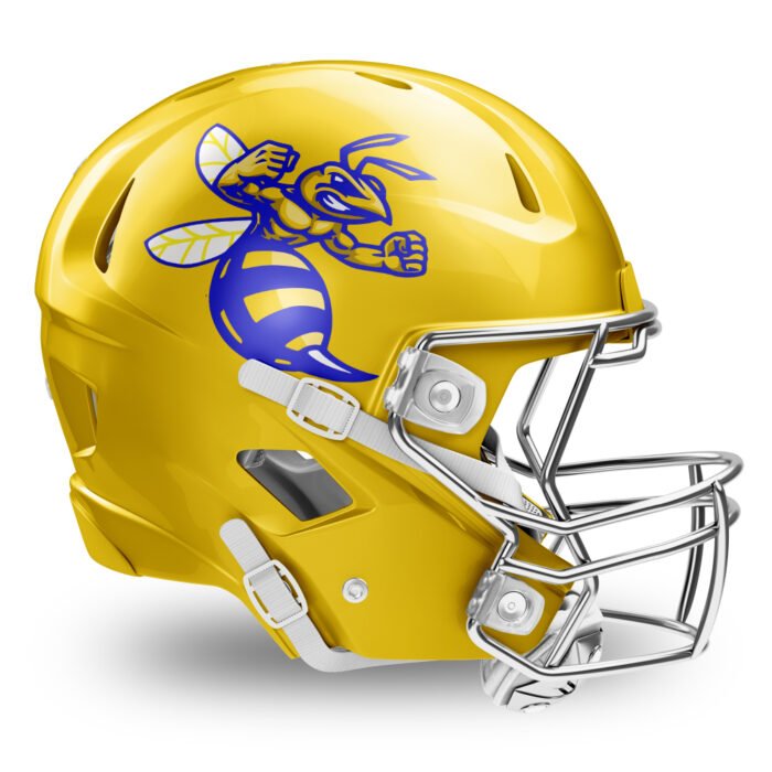Custom hornet football helmet side decals in blue and yellow premium vinyl by MKY Apparels