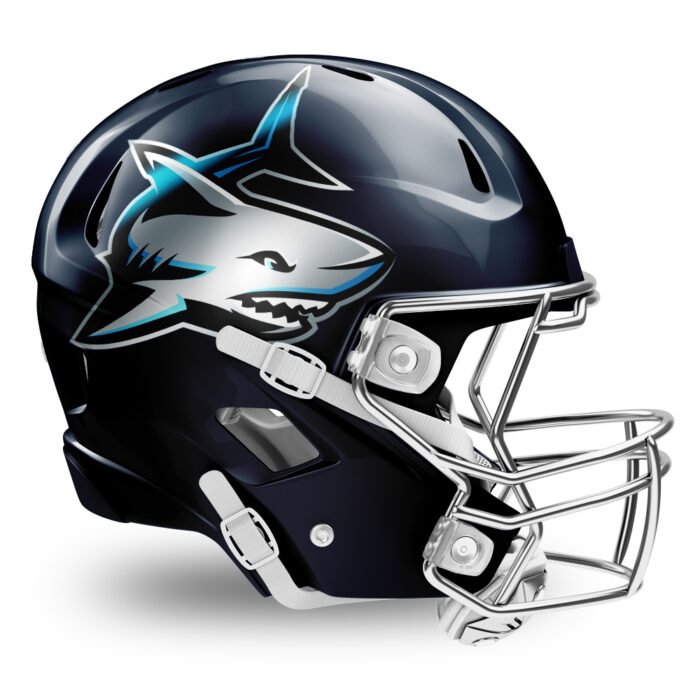 Chrome shark football helmet decals with blue and silver metallic finish by MKY Apparels