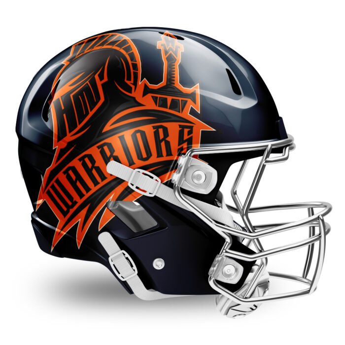 Oversized football helmet decals with orange and black Warriors graphic artwork by MKY Apparels