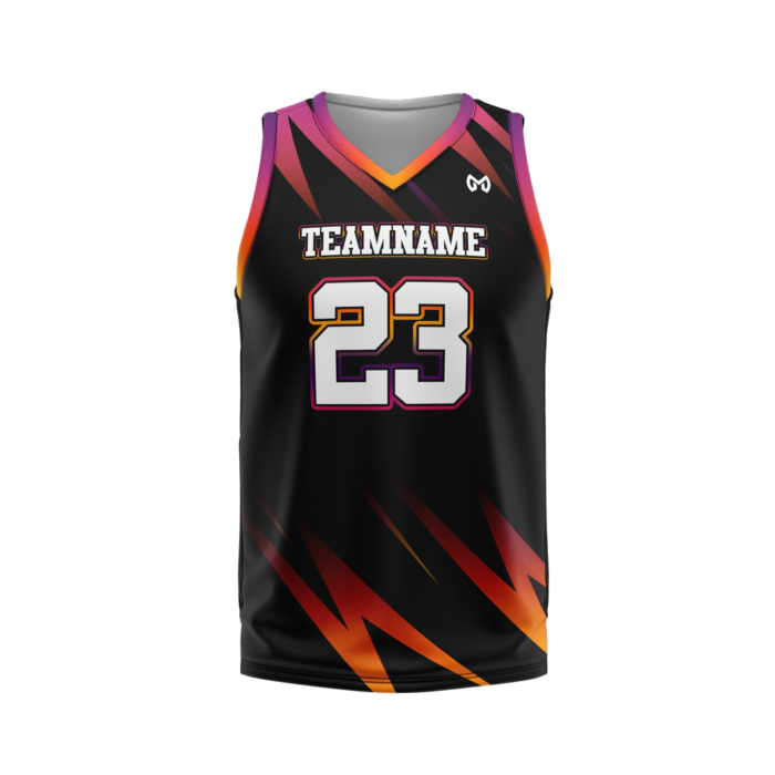 Black custom basketball jersey with orange fire accents by MKY Apparels