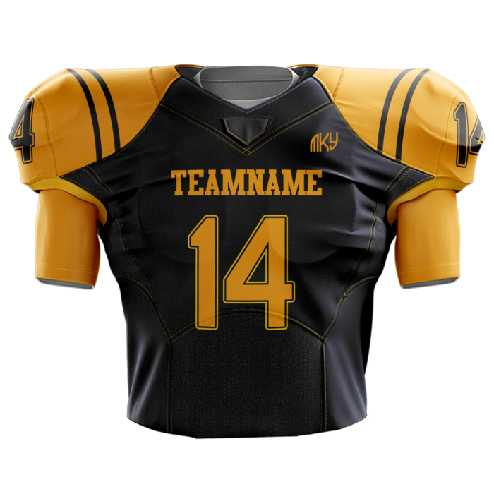 Front view of a black and gold custom tackle football jersey with yellow sleeves and personalized team name and number by MKY Apparels