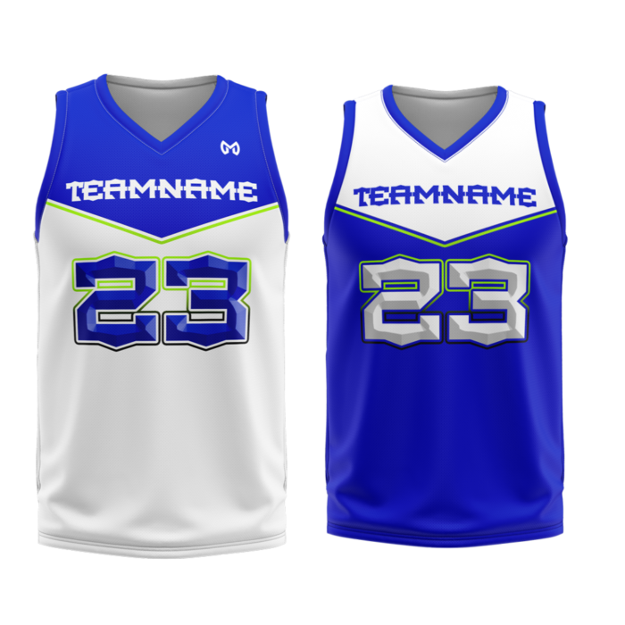 Blue and white reversible custom basketball jersey by MKY Apparels