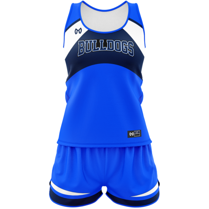 Bulldogs blue and white custom sublimated track uniform by MKY Apparels