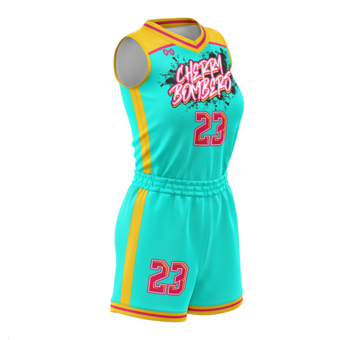 Cherry Bomba turquoise custom girls basketball uniform by MKY Apparels