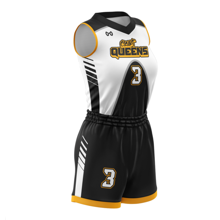 Court Queens black and white custom girls basketball uniform by MKY Apparels