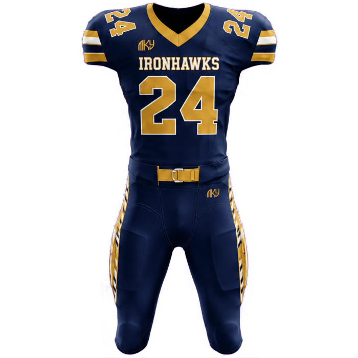 Custom Ironhawks tackle football uniform in navy blue, gold, and white with premium sublimated athletic design by MKY Apparels