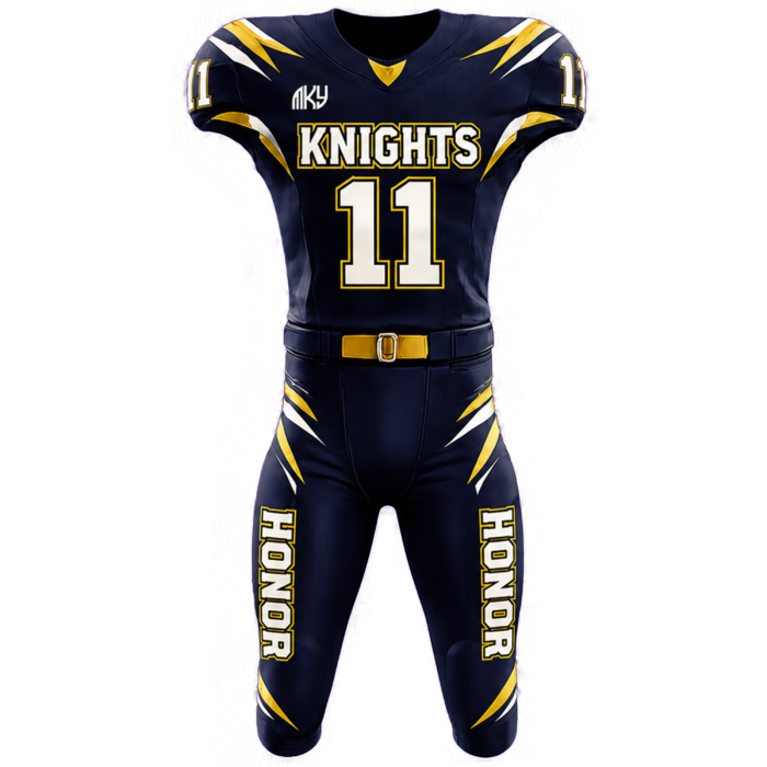 Custom Knights tackle football uniform in navy blue, gold, and white with modern sublimated athletic design by MKY Apparels