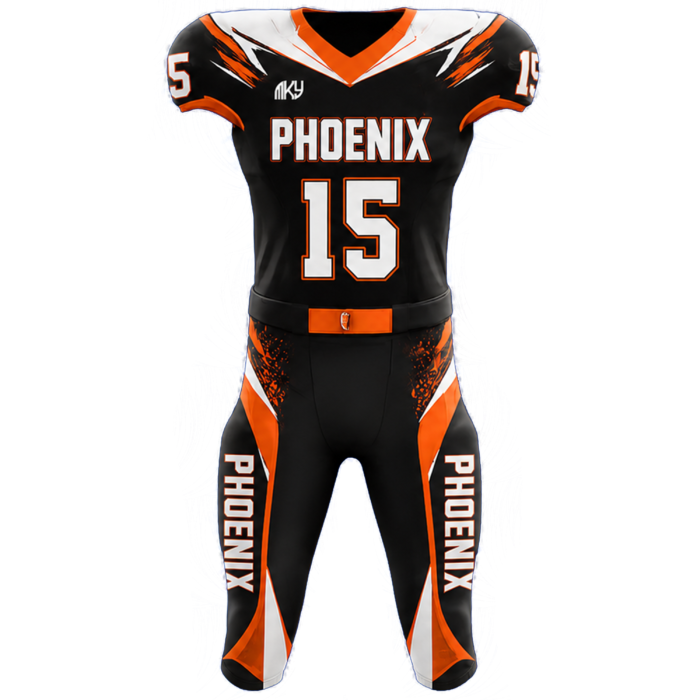 Custom Phoenix tackle football uniform in black, orange, and white with aggressive sublimated design by MKY Apparels
