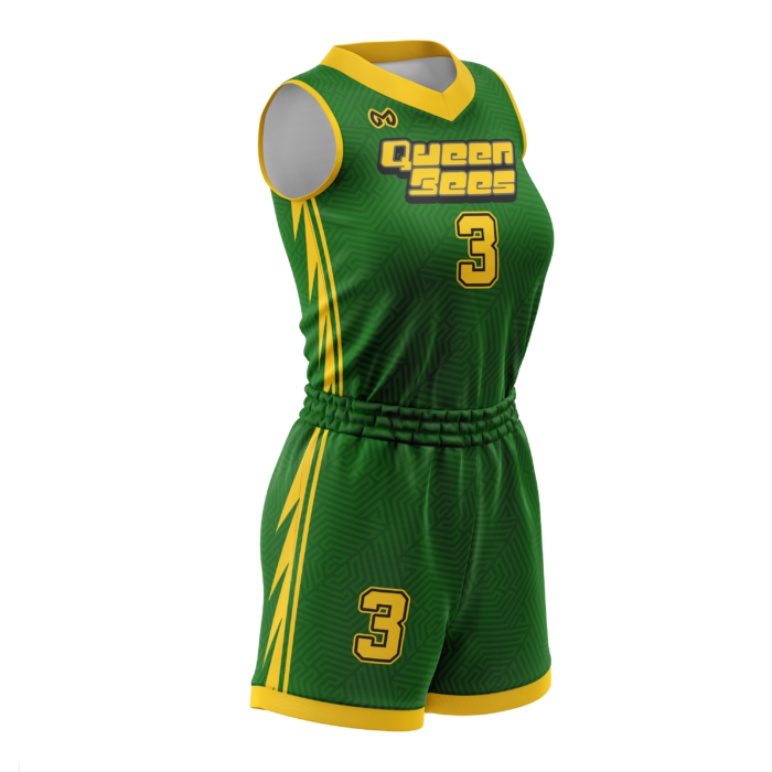 Queen Bees green and gold custom girls basketball uniform by MKY Apparels