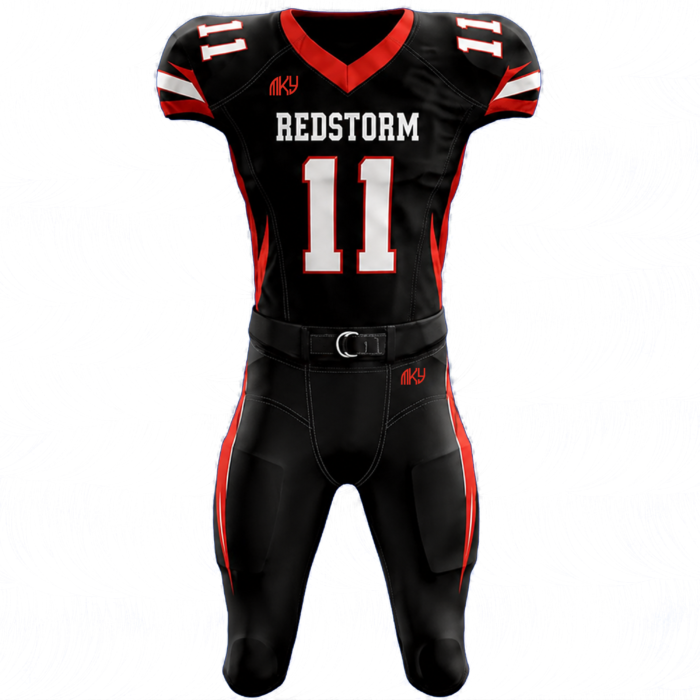 Custom Redstorm tackle football uniform in black and red featuring sublimated design and full football gear by MKY Apparels