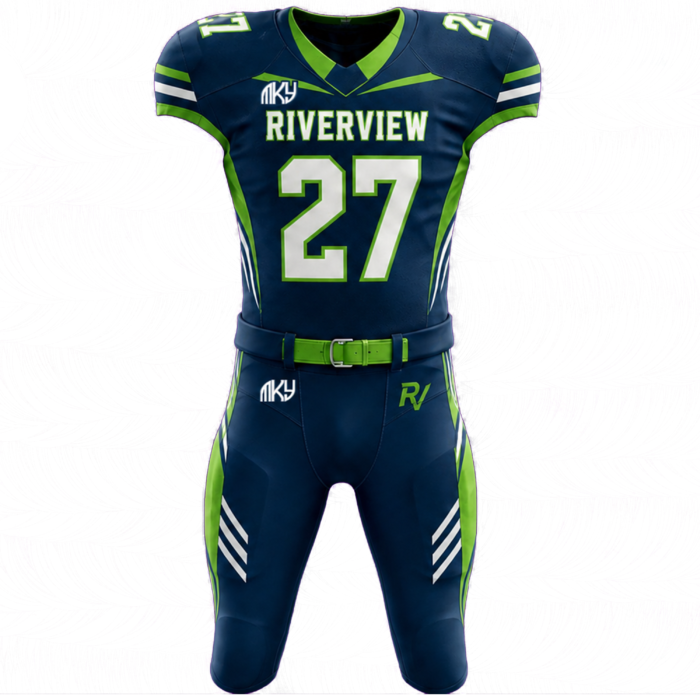 Custom Riverview tackle football uniform in navy blue and neon green with sublimated design and full football gear by MKY Apparels