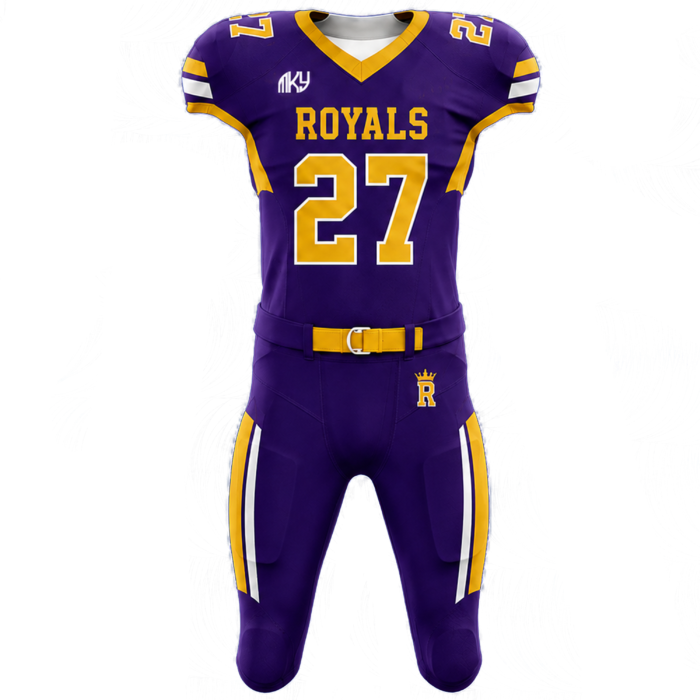 Custom Royals tackle football uniform in purple, gold, and white with sublimated athletic design by MKY Apparels