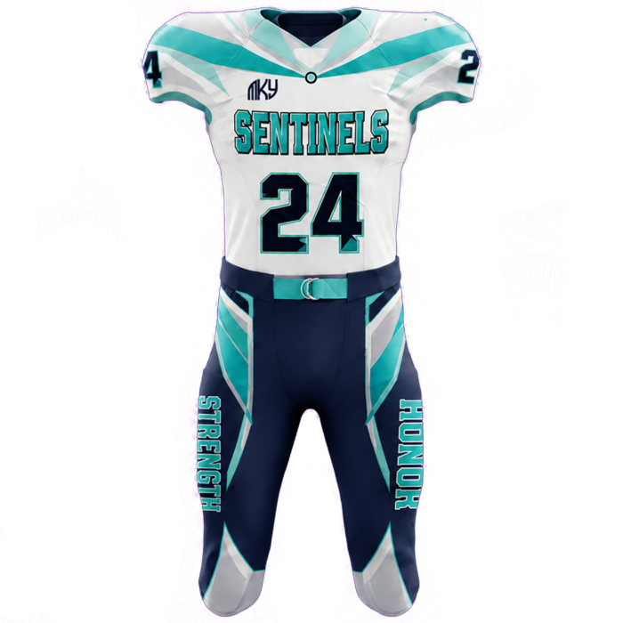 Custom Sentinels tackle football uniform in white, teal, and navy blue with sublimated athletic design by MKY Apparels