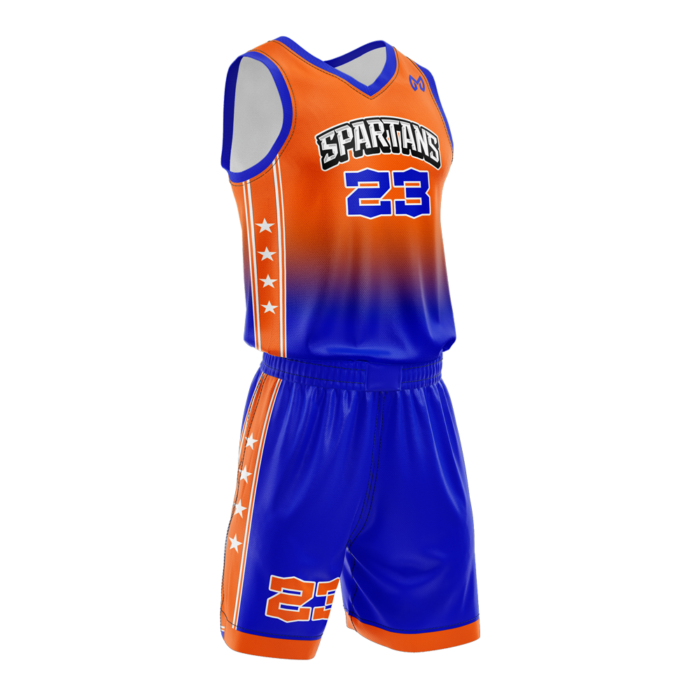 Spartans orange and blue custom basketball uniform by MKY Apparels