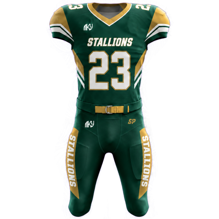 Custom Stallions tackle football uniform in green, gold, and white with premium sublimated athletic design by MKY Apparels