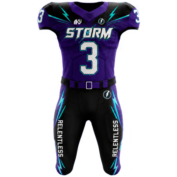Custom Storm tackle football uniform in purple, black, and teal with lightning bolt sublimated design by MKY Apparels