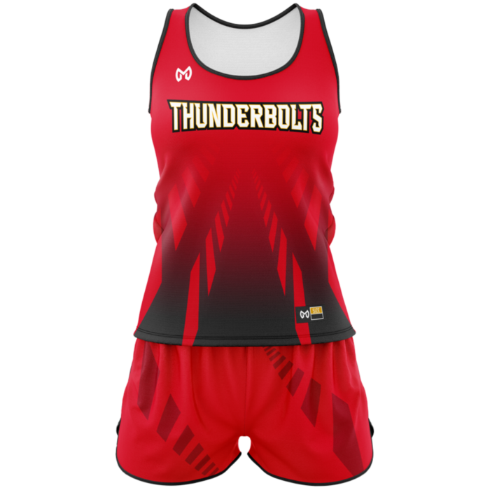 Thunderbolts red and black custom sublimated track uniform by MKY Apparels