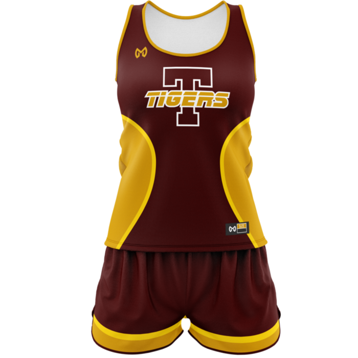 Tigers maroon and gold custom sublimated track uniform by MKY Apparels