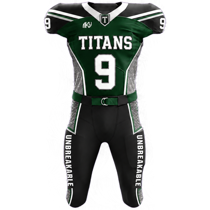 Custom Titans tackle football uniform in green, black, white, and gray with modern sublimated athletic design by MKY Apparels