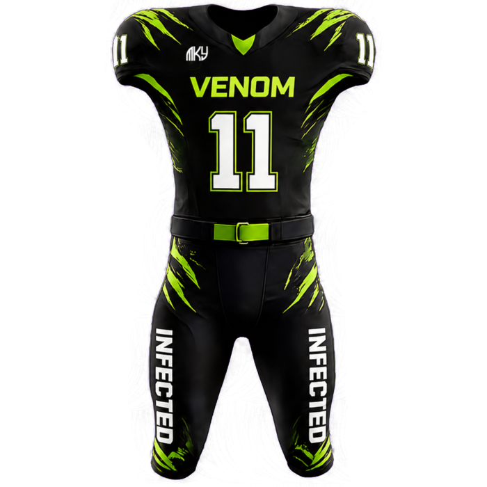 Custom Venom tackle football uniform in black and neon green with aggressive sublimated claw design by MKY Apparels
