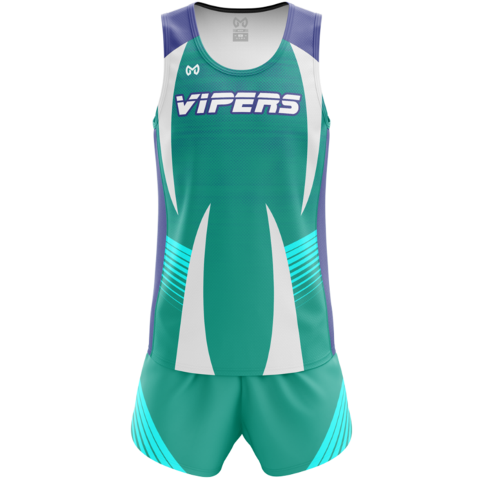 Vipers teal and white custom sublimated track uniform by MKY Apparels