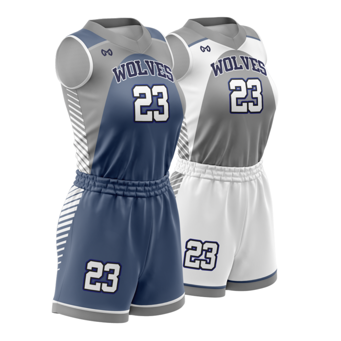 Wolves blue and white reversible girls basketball uniform by MKY Apparels