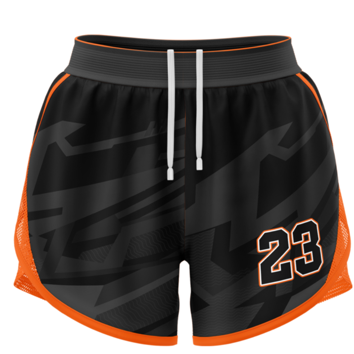 Black and orange women dri-fit volleyball shorts by MKY Apparels