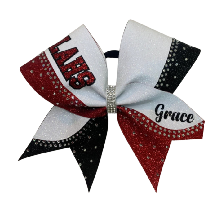 Black and red custom rhinestone cheer bow with glitter finish by MKY Apparels