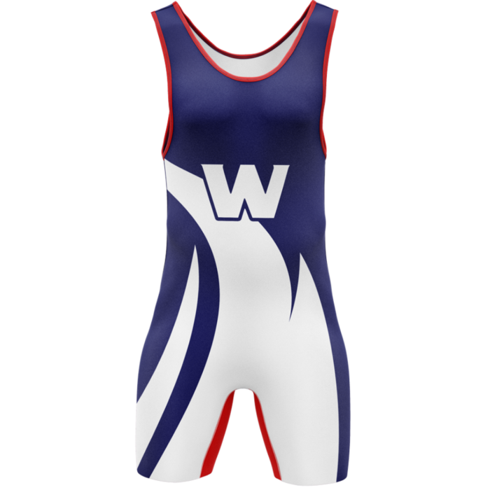 Blue and white custom wrestling singlet by MKY Apparels