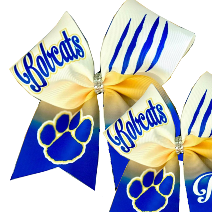 Bobcats custom sublimated cheer bow in blue gold and white by MKY Apparels