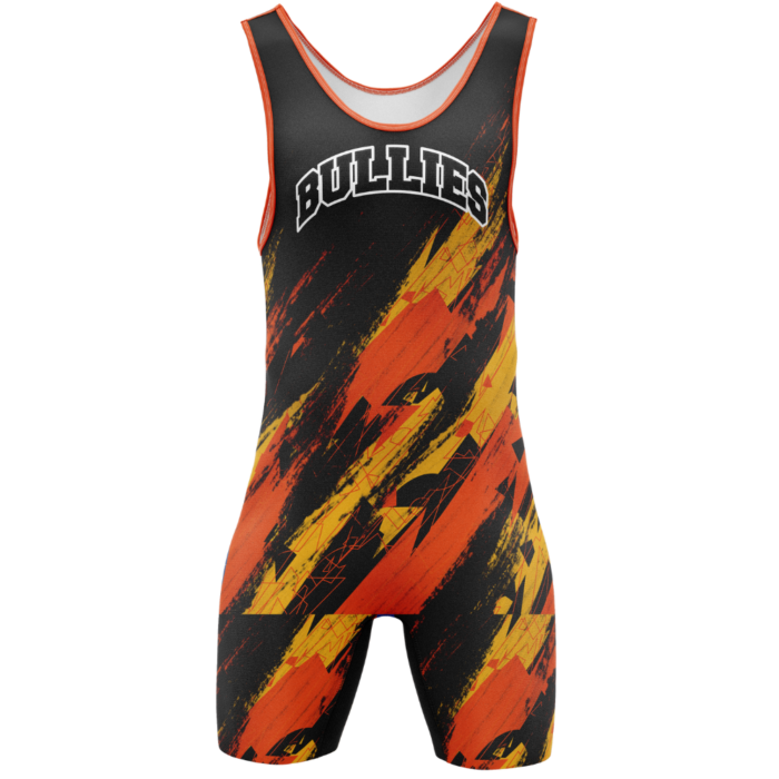 Bullies orange splatter custom wrestling singlet by MKY Apparels