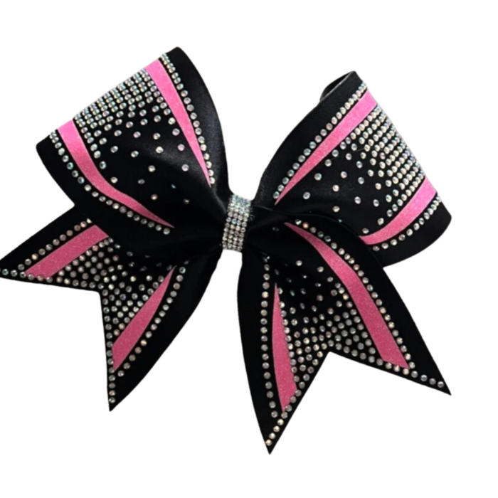 Pink and black custom rhinestone cheer bow with silver stones by MKY Apparels