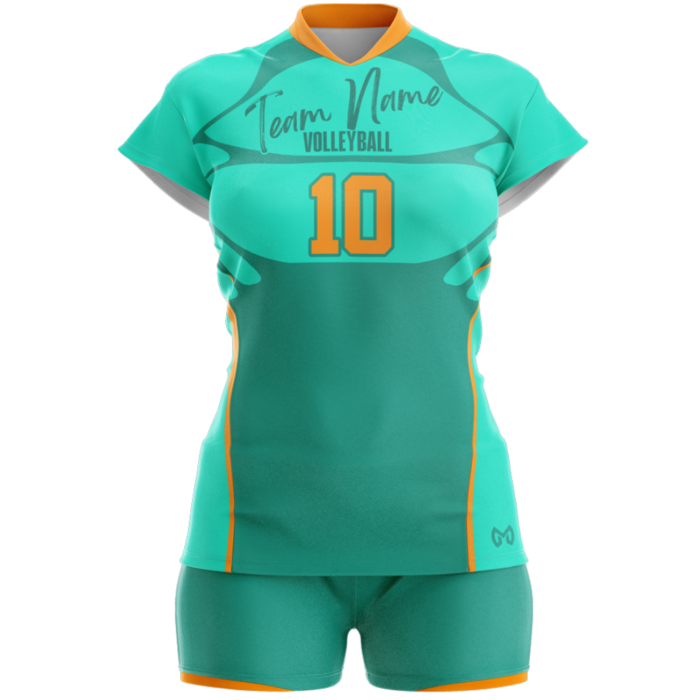Teal and orange women volleyball uniform by MKY Apparels