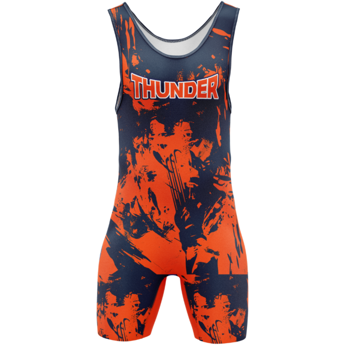 Thunder orange splatter custom wrestling singlet by MKY Apparels
