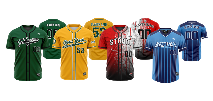 Custom sublimated baseball uniforms gallery featuring full button and v-neck baseball jersey designs by MKY Apparels
