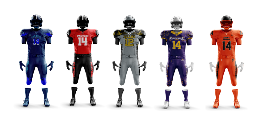 Custom tackle football uniforms gallery featuring full football uniform designs and team apparel by MKY Apparels