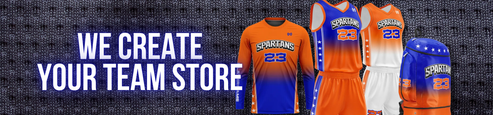 Custom team store banner featuring personalized sports apparel, uniforms, and backpacks for teams by MKY Apparels