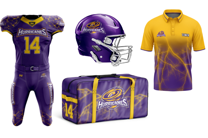 Custom sports uniform design services including football uniforms, helmets, coach apparel, and team bags by MKY Apparels