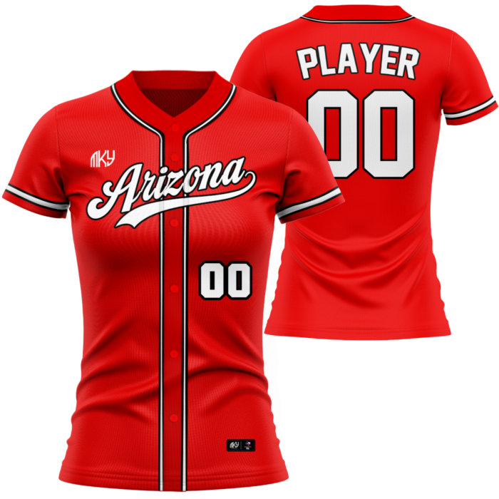 Arizona red full-button softball jersey with black and white details by MKY Apparels