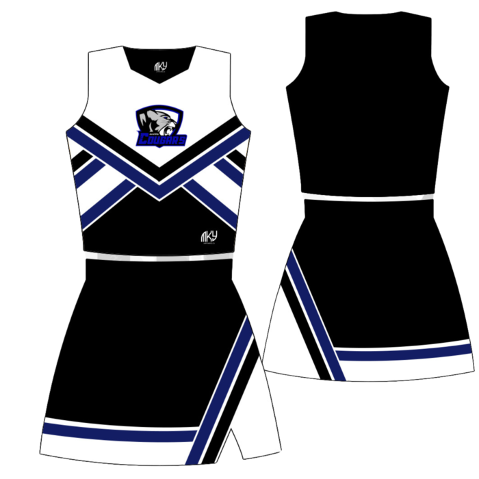 Black and blue custom full cheer uniform with pleated skirt by MKY Apparels