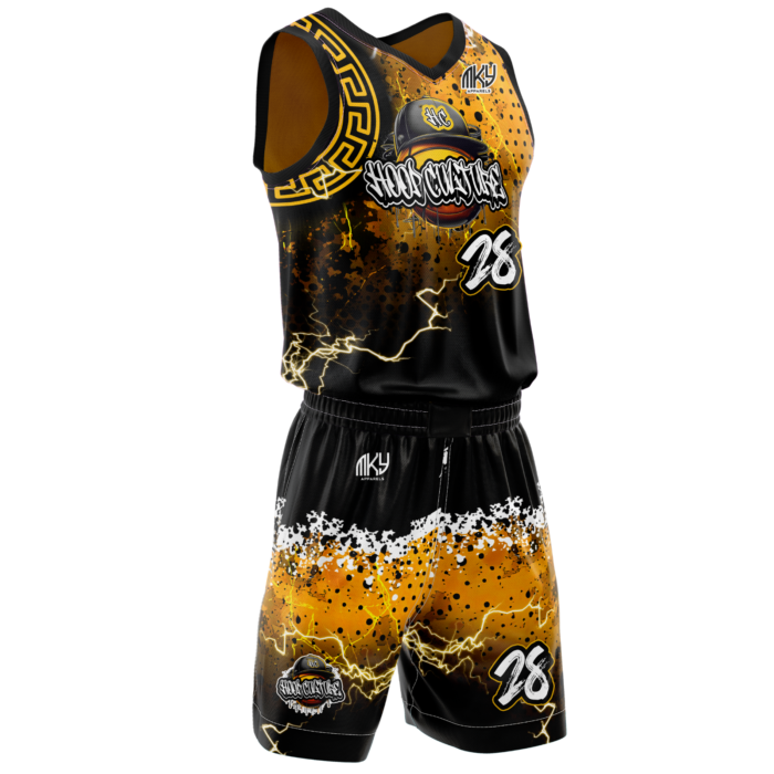 Black and gold lightning custom basketball uniform by MKY Apparels