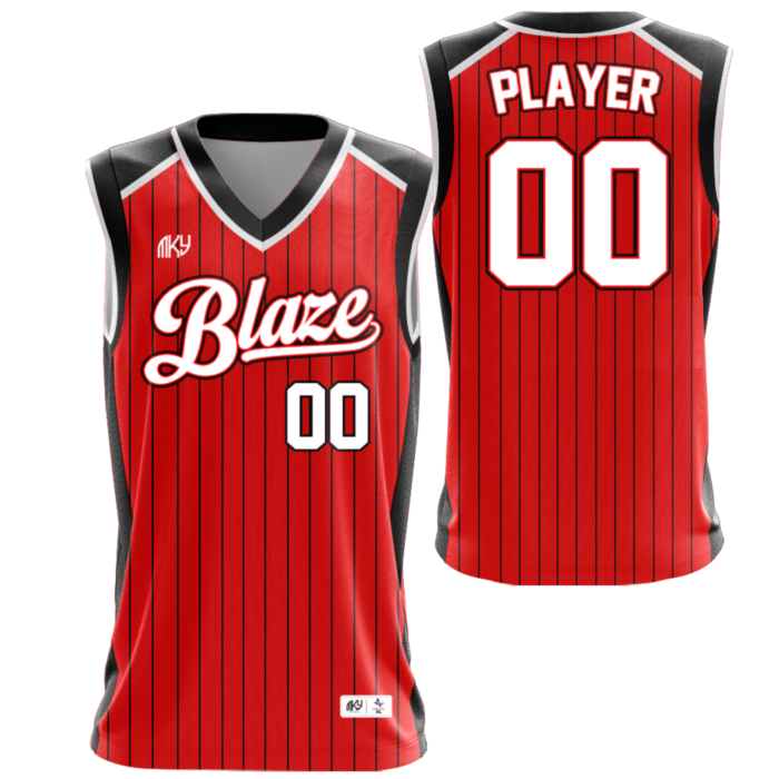 Blaze red V-neck sleeveless softball jersey with pinstripe design by MKY Apparels